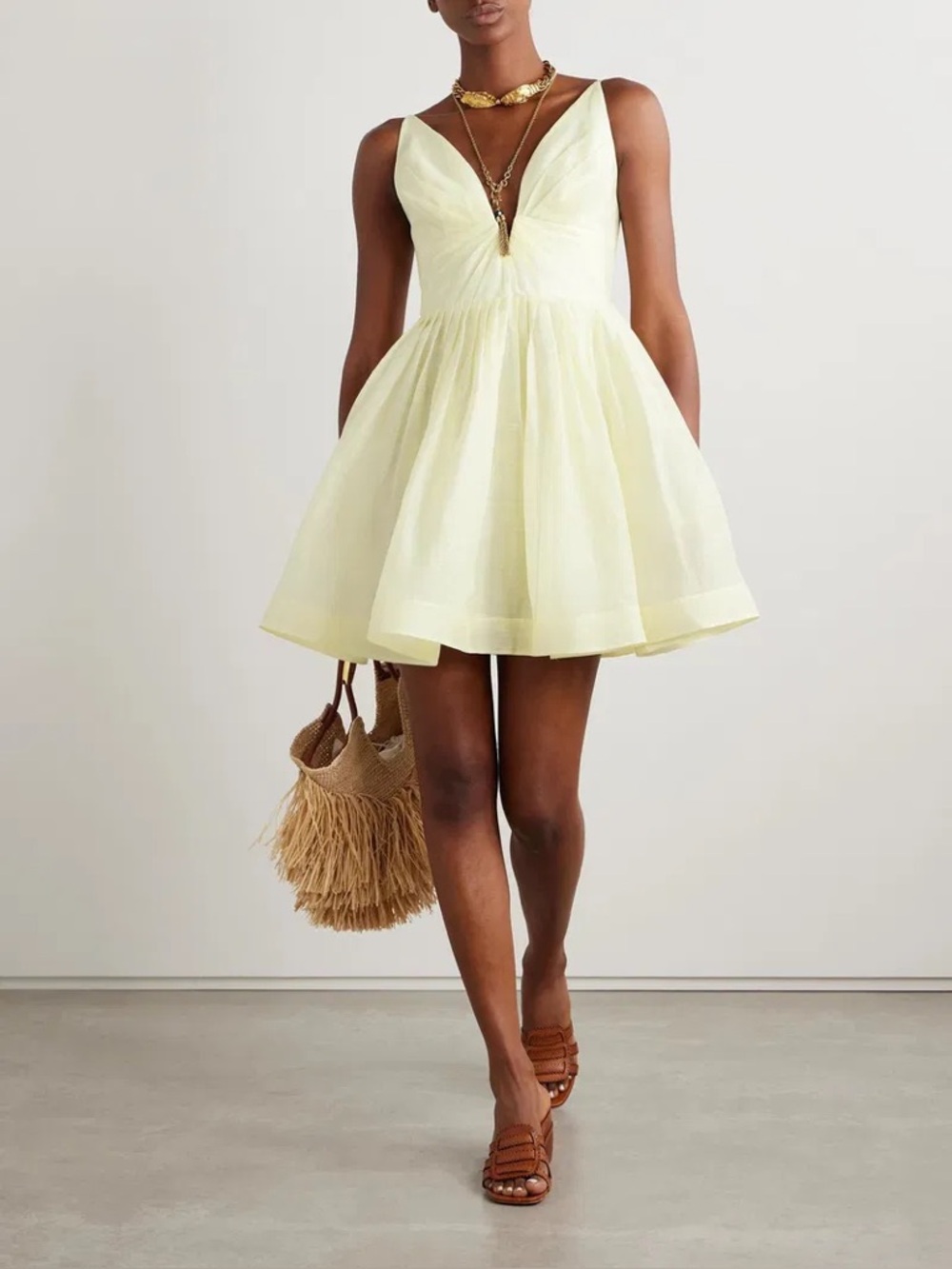 NWT Zimmermann Illuminate V Neck Pleated Linen & Silk Mini Dress 1 US6 in Lemon